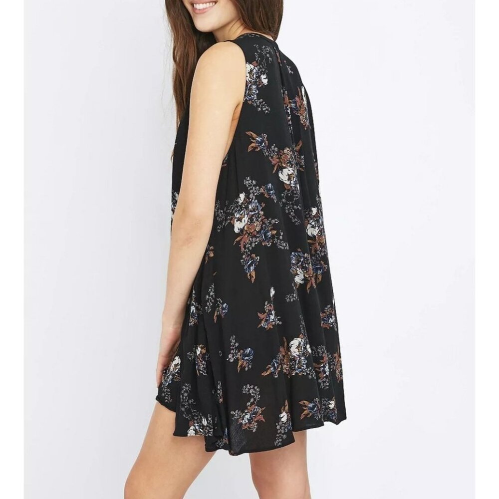Free People Sz S Sleeveless Black Floral Swing Mini Dress Pockets Gauzy Boho - Picture 9 of 14